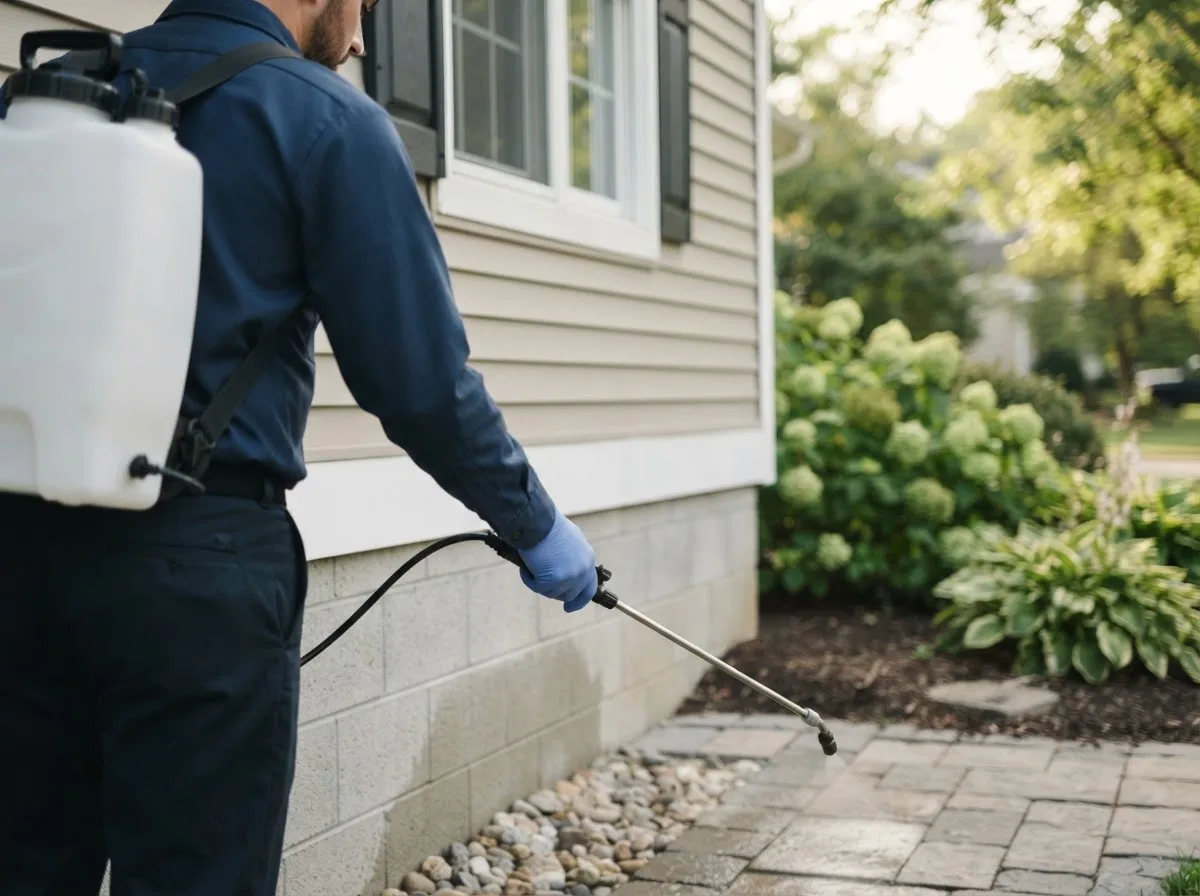 Pest control technician inspecting a home in Rice Lake, WI